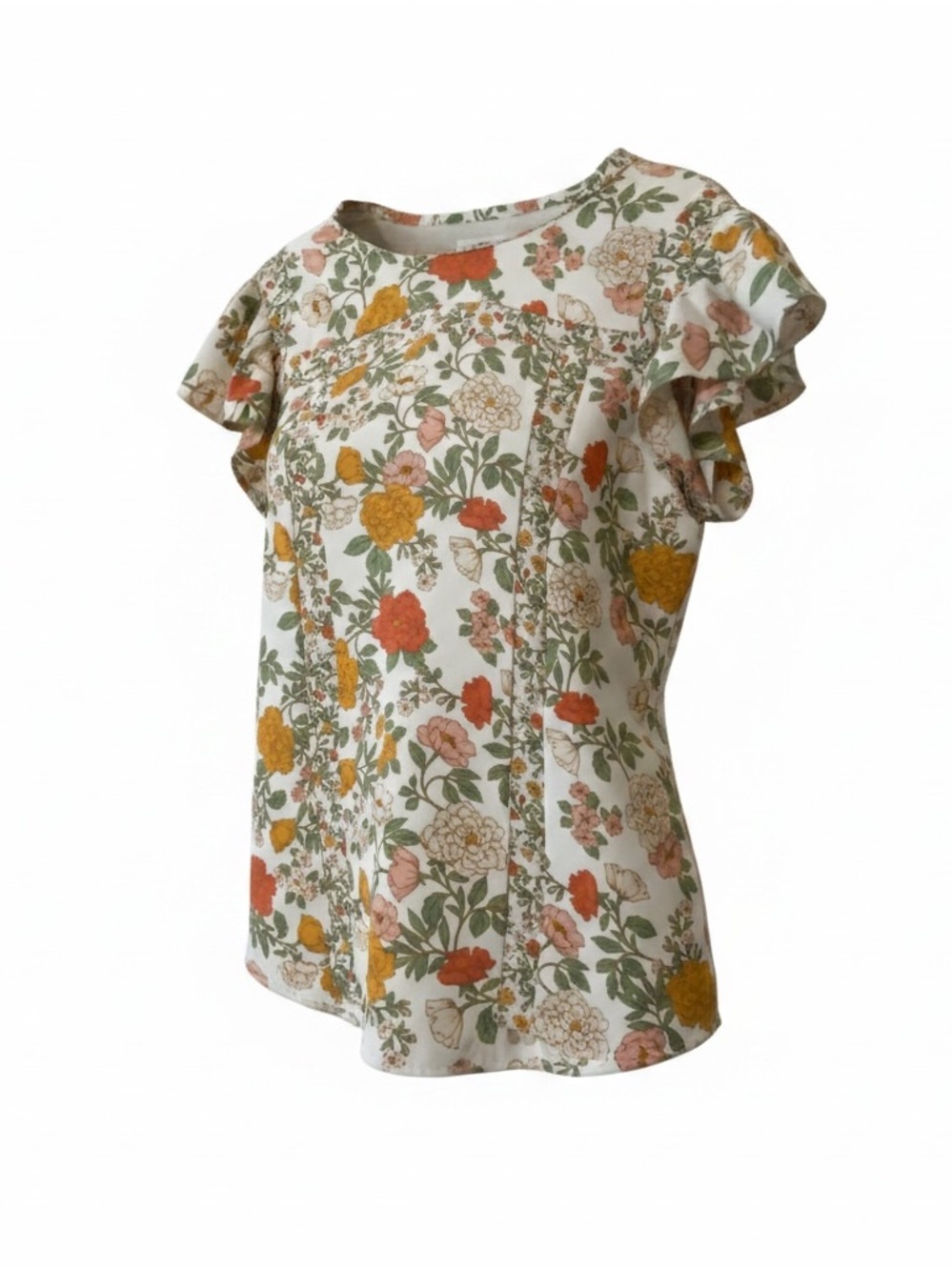 DR2 Cream Floral Ruffle Sleeve Top with Orange and Yellow Blooms